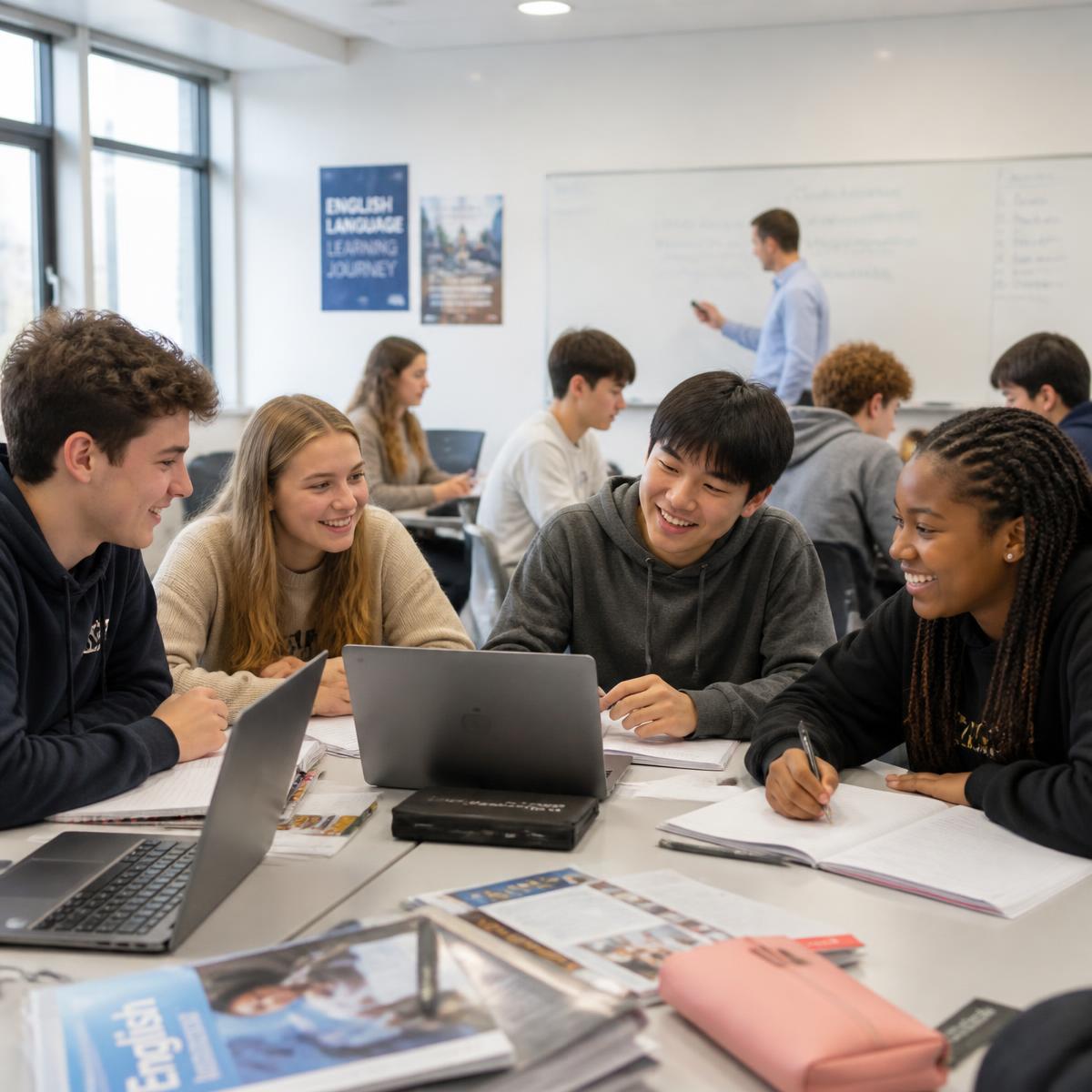 Adolescentes de várias nacionalidades em sala de aula de inglês